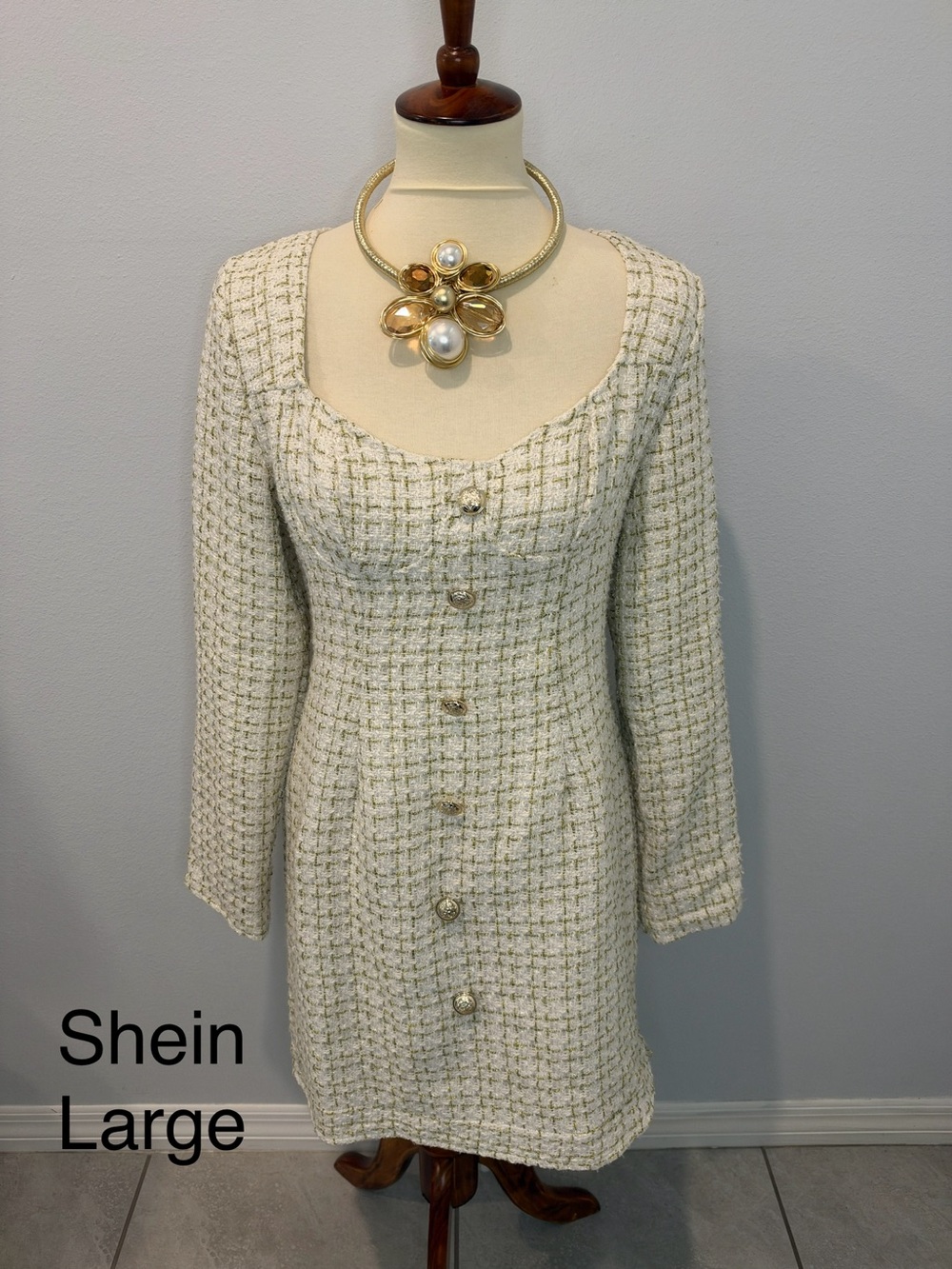 SHEIN Cream Tweed Long Sleeve Button-Front Dress